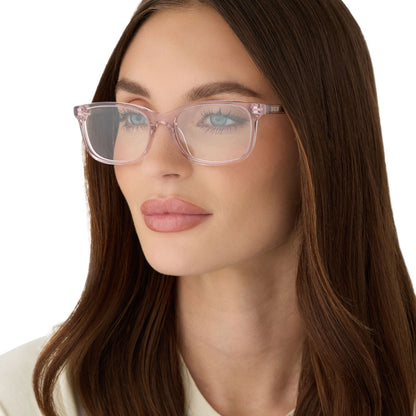 on model - female wearing diff eyewear featuring the bradford rectangle prescription glasses with a rose crystal frame angled view