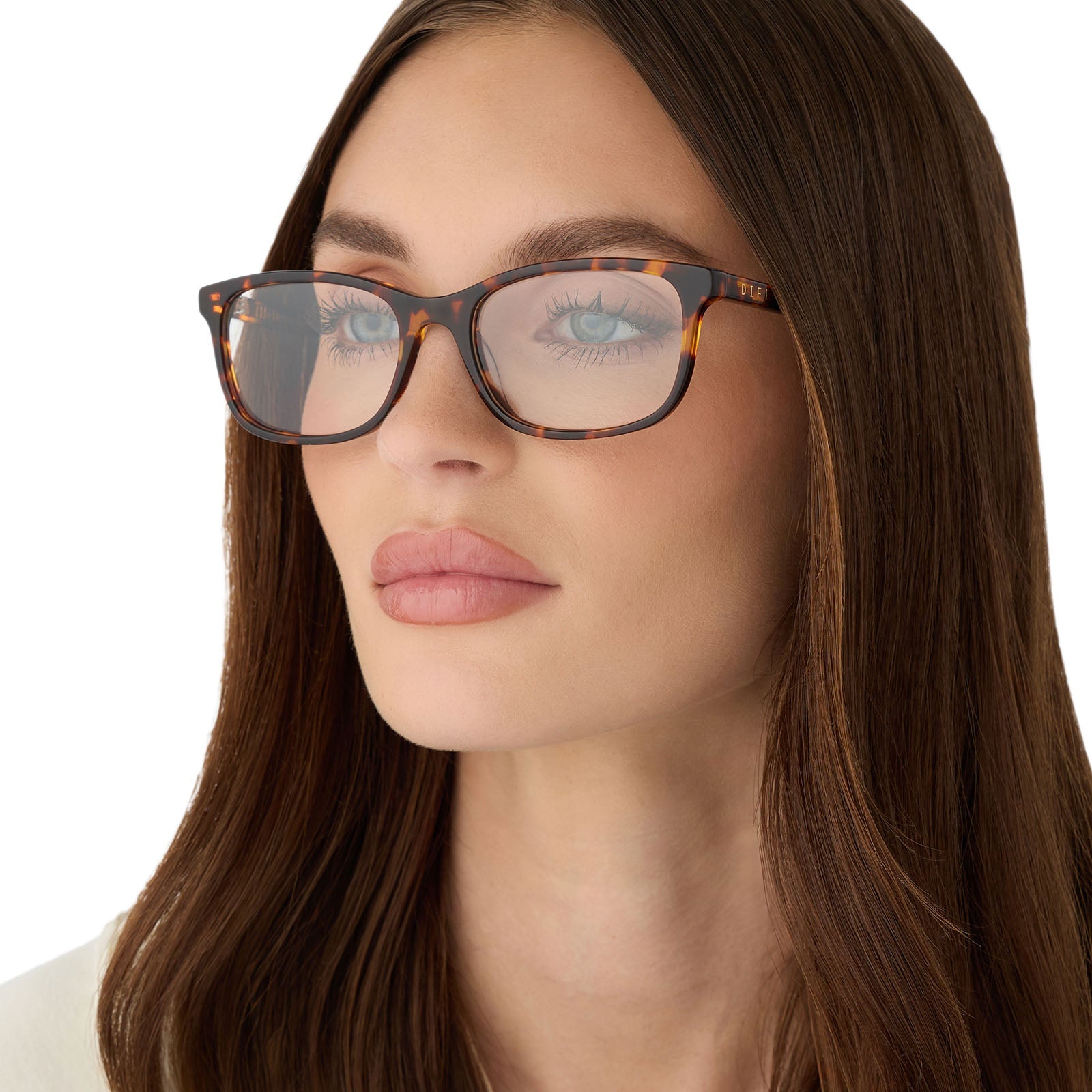 on model - female wearing diff eyewear featuring the bradford rectangle prescription glasses with a rich tortoise frame angled view