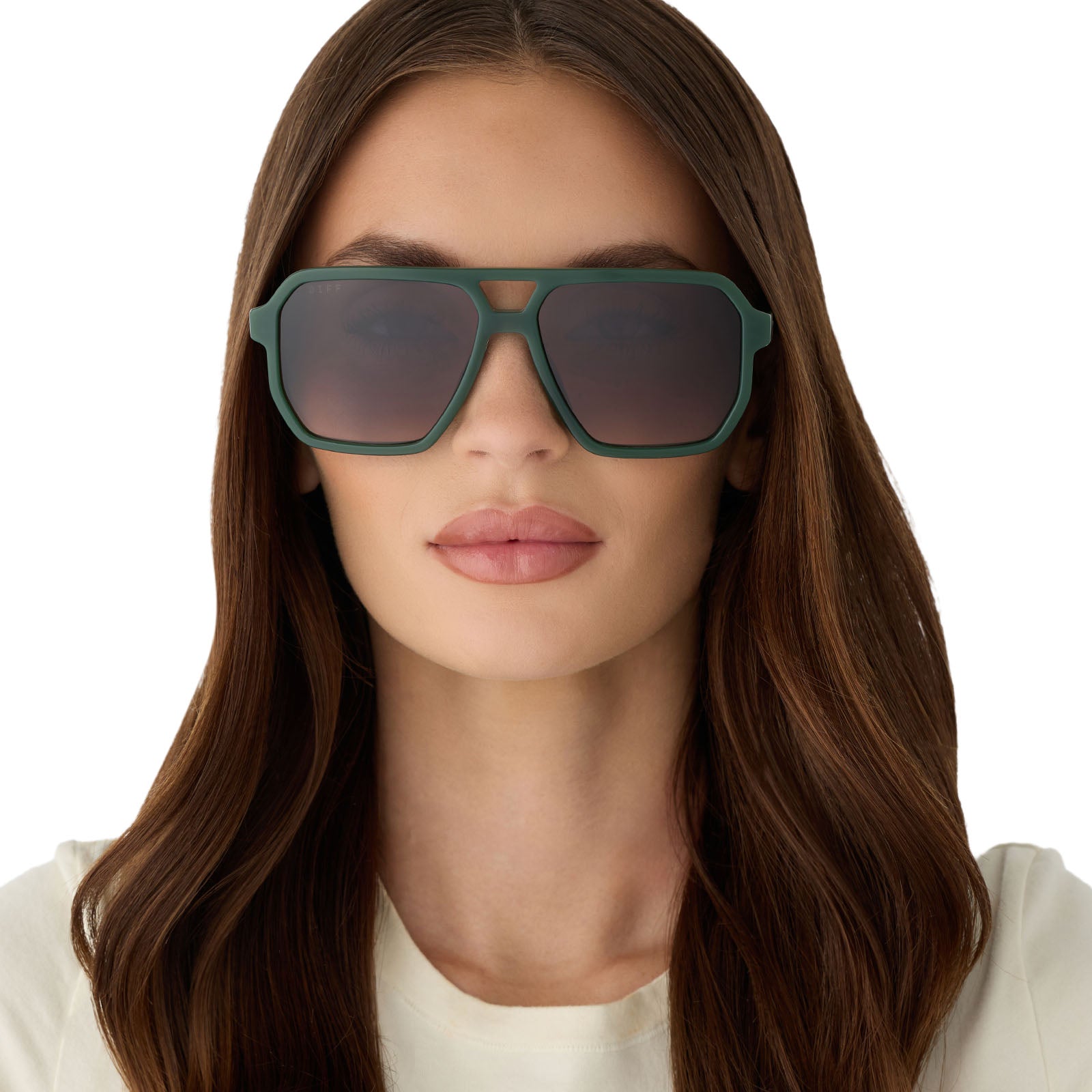 on model - female wearing diff eyewear cameron navigator sunglasses in a fairway green acetate frame with grey gradient polarized lenses front view