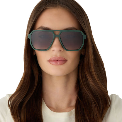 on model - female wearing diff eyewear cameron navigator sunglasses in a fairway green acetate frame with grey gradient polarized lenses front view