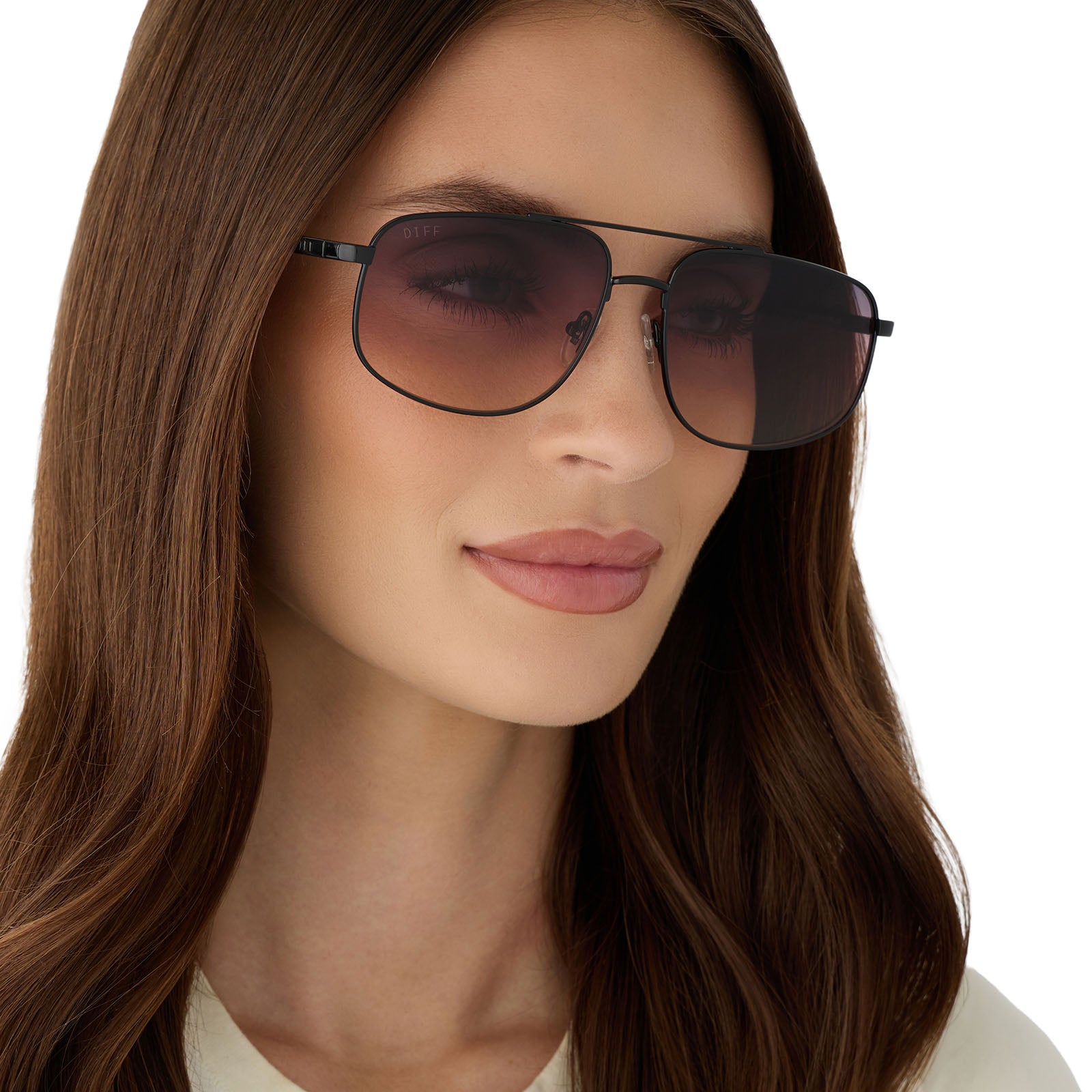 on model - female wearing diff eyewear featuring the charley navigator sunglasses with a shiny black metal frame and twilight gradient lenses angled view