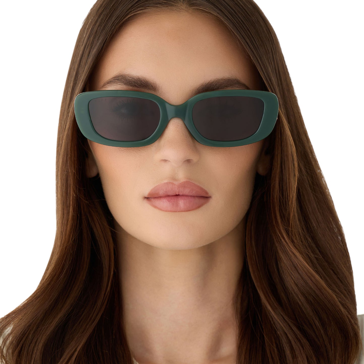 on model - female wearing diff eyewear featuring the daphne rectangle sunglasses with a fairway green acetate frame and grey lenses front view