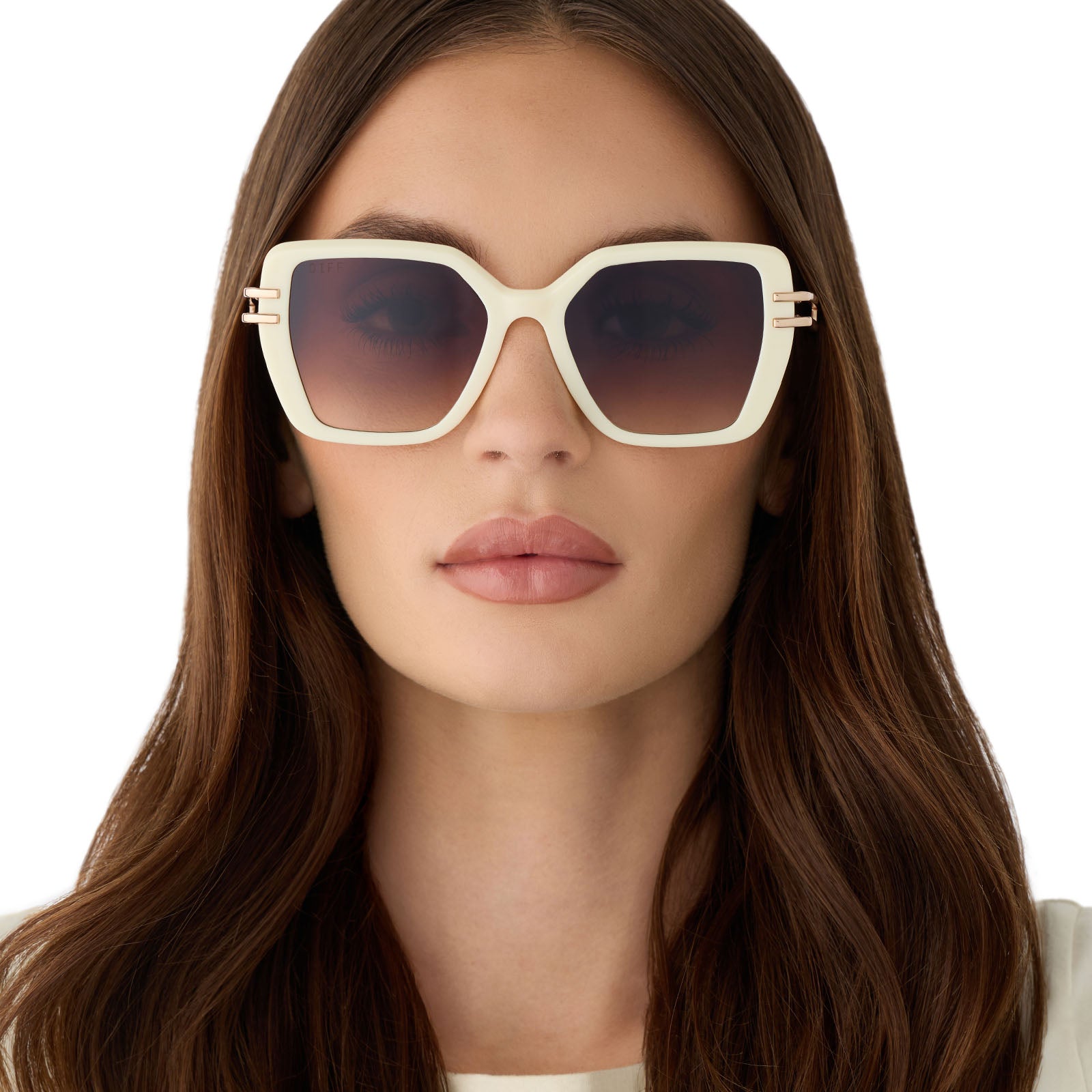 on model - female wearing diff eyewear featuring the dasha square sunglasses with a courtside ivory frame with gold metal temples and brown gradient lenses front view