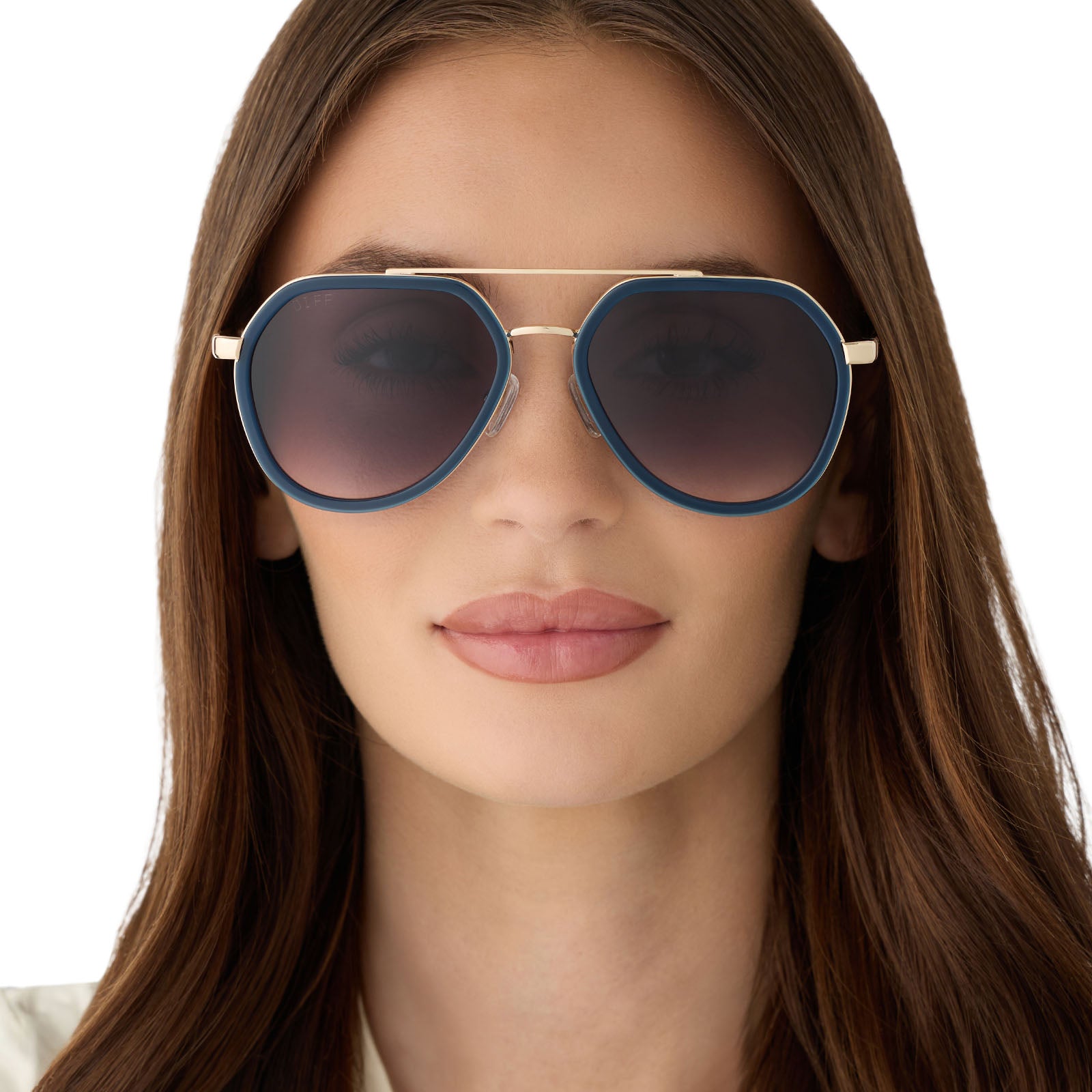 on model - female wearing diff eyewear featuring the joey round sunglasses with a clubhouse blue & brushed gold metal frame with grey gradient lenses front view