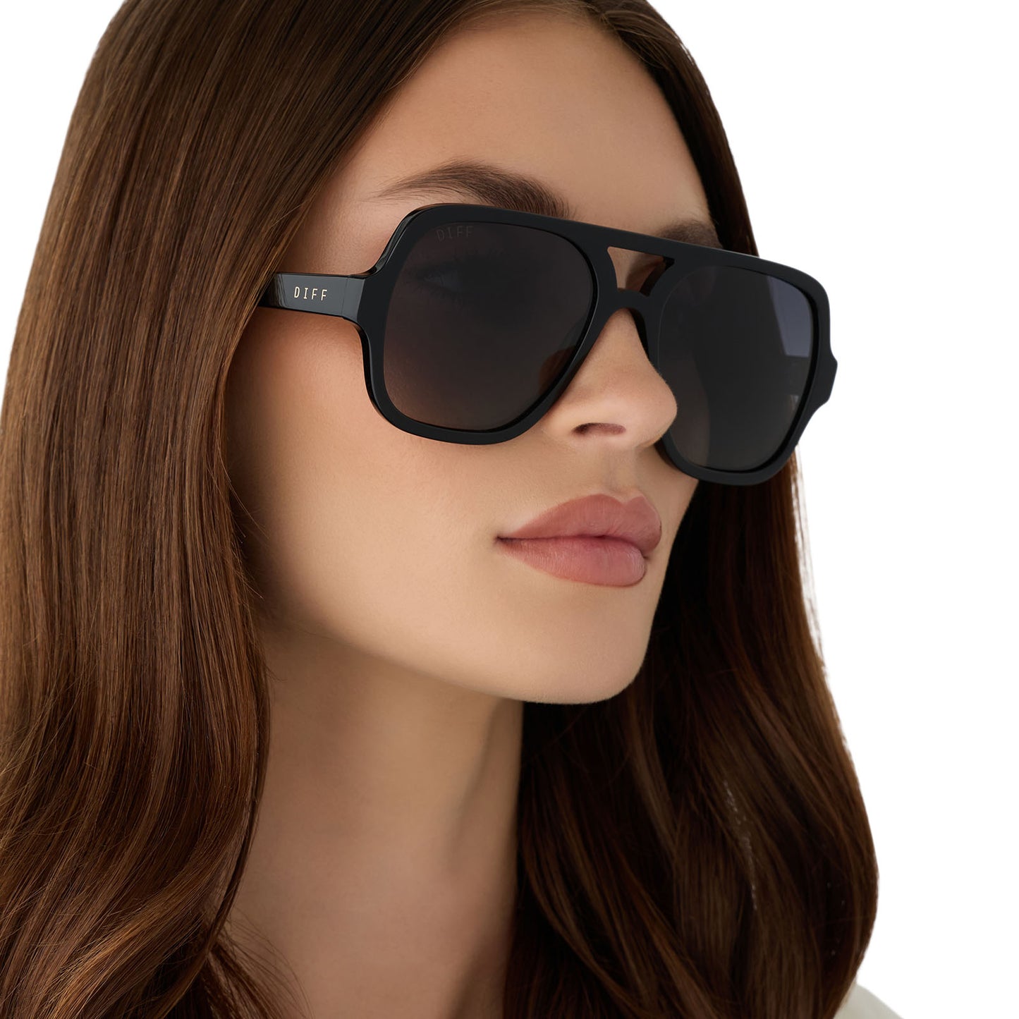 on model - female wearing diff eyewear featuring the layton navigator sunglasses with a black acetate frame and grey gradient polarized lenses angled view