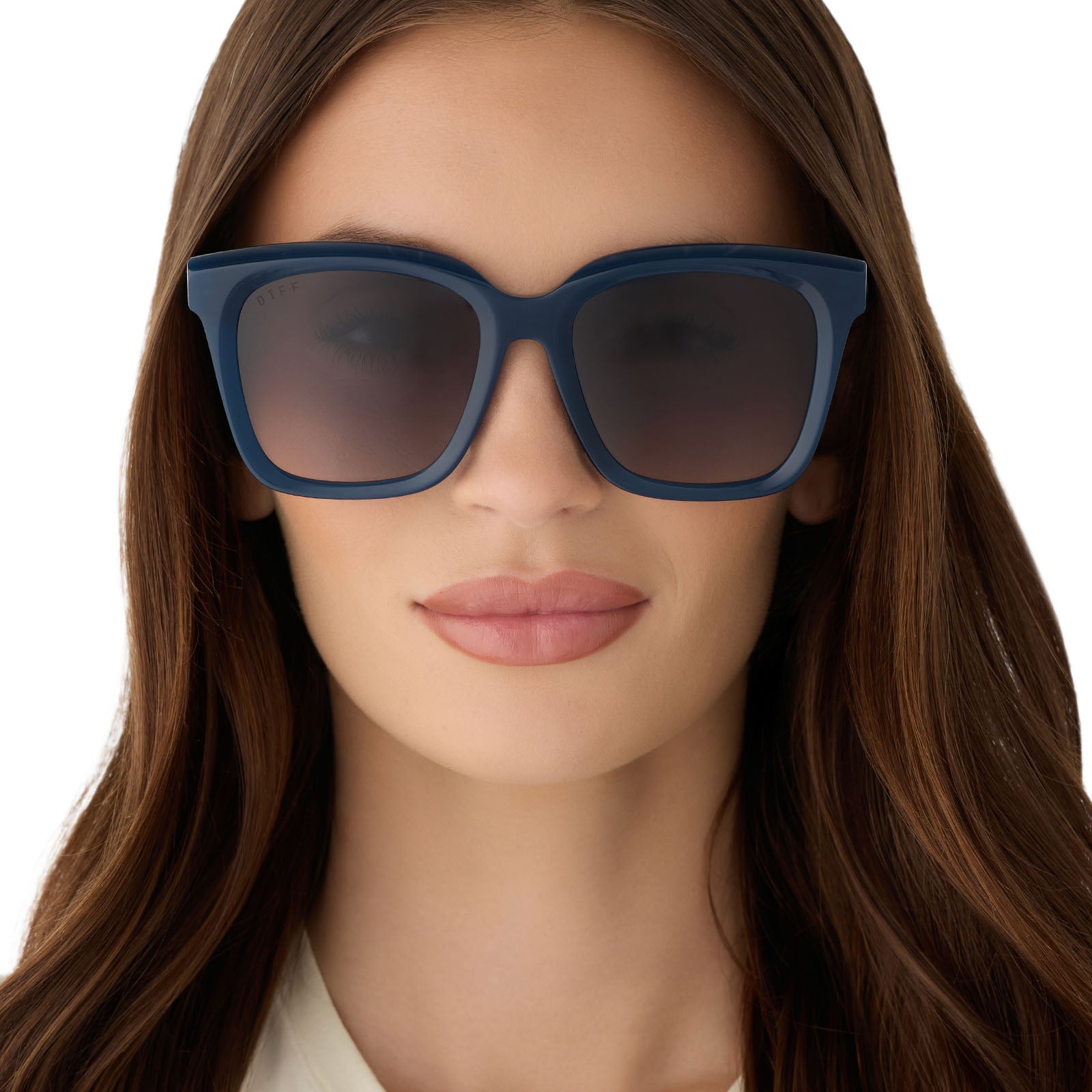 on model - female wearing diff eyewear featuring the meredith square  oversized sunglasses with a clubhouse blue acetate frame and grey gradient polarized lenses front view