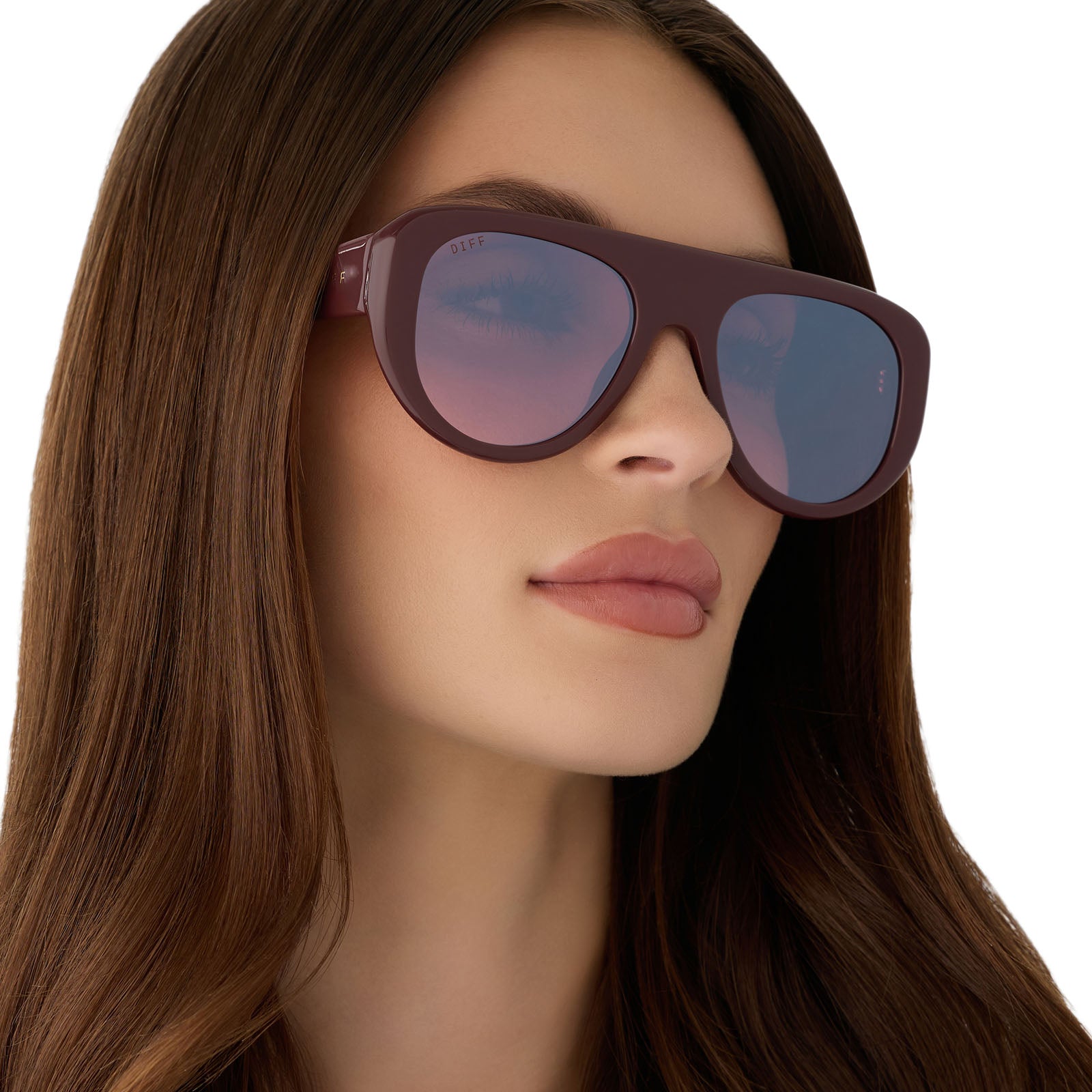 on model - female wearing diff eyewear featuring the morgan oversized navigator sunglasses with a rugby red acetate frame and burgundy gradient lenses angled view