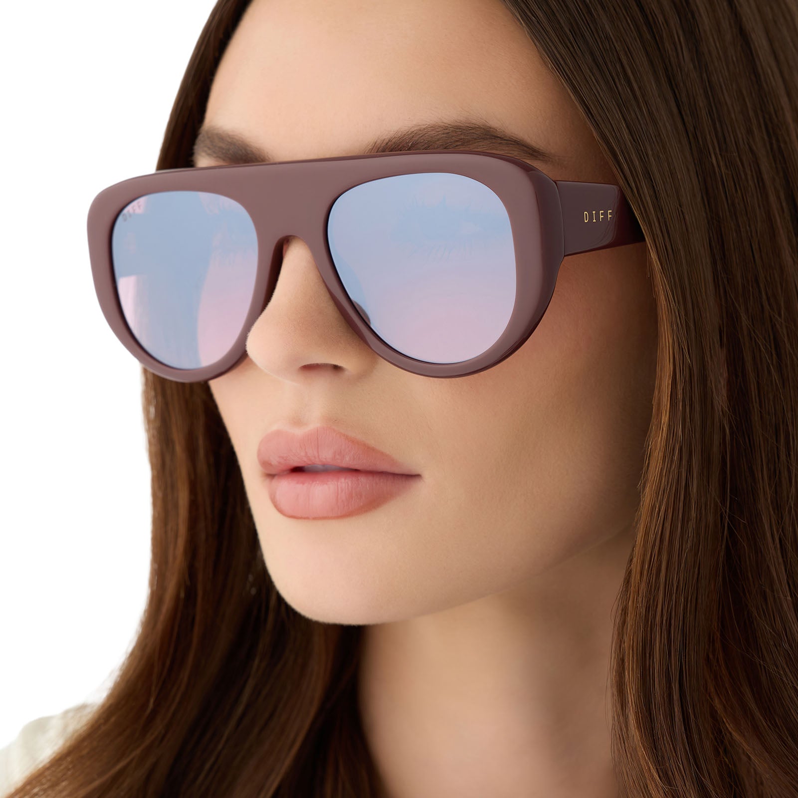 on model - female wearing diff eyewear featuring the morgan oversized navigator sunglasses with a rugby red acetate frame and burgundy gradient lenses detailed view