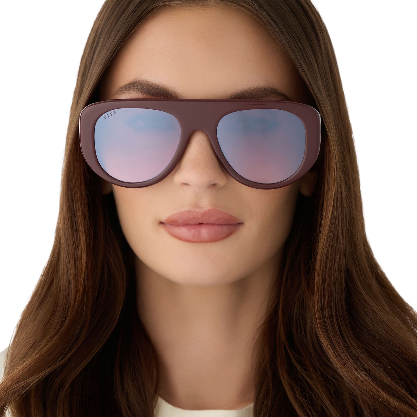 on model - female wearing diff eyewear featuring the morgan oversized navigator sunglasses with a rugby red acetate frame and burgundy gradient lenses front view