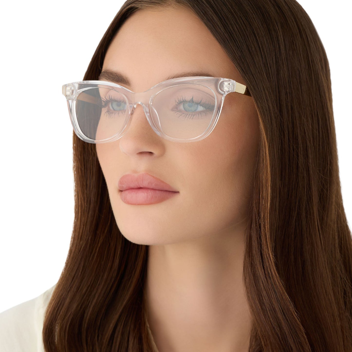 on model - female wearing diff eyewear featuring the sylvia cateye prescription glasses with a crystal clear frame angled view