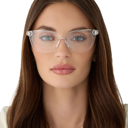 on model - female wearing diff eyewear featuring the sylvia cateye prescription glasses with a crystal clear frame front view
