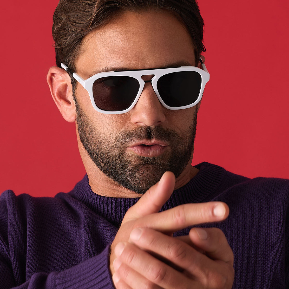 on model - male wearing star wars x diff eyewear featuring the stormtrooper 3.0 navigator sunglasses with a white acetate frame and grey polarized lenses front view