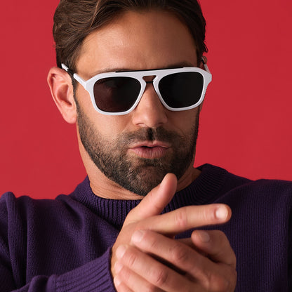 on model - male wearing star wars x diff eyewear featuring the stormtrooper 3.0 navigator sunglasses with a white acetate frame and grey polarized lenses front view