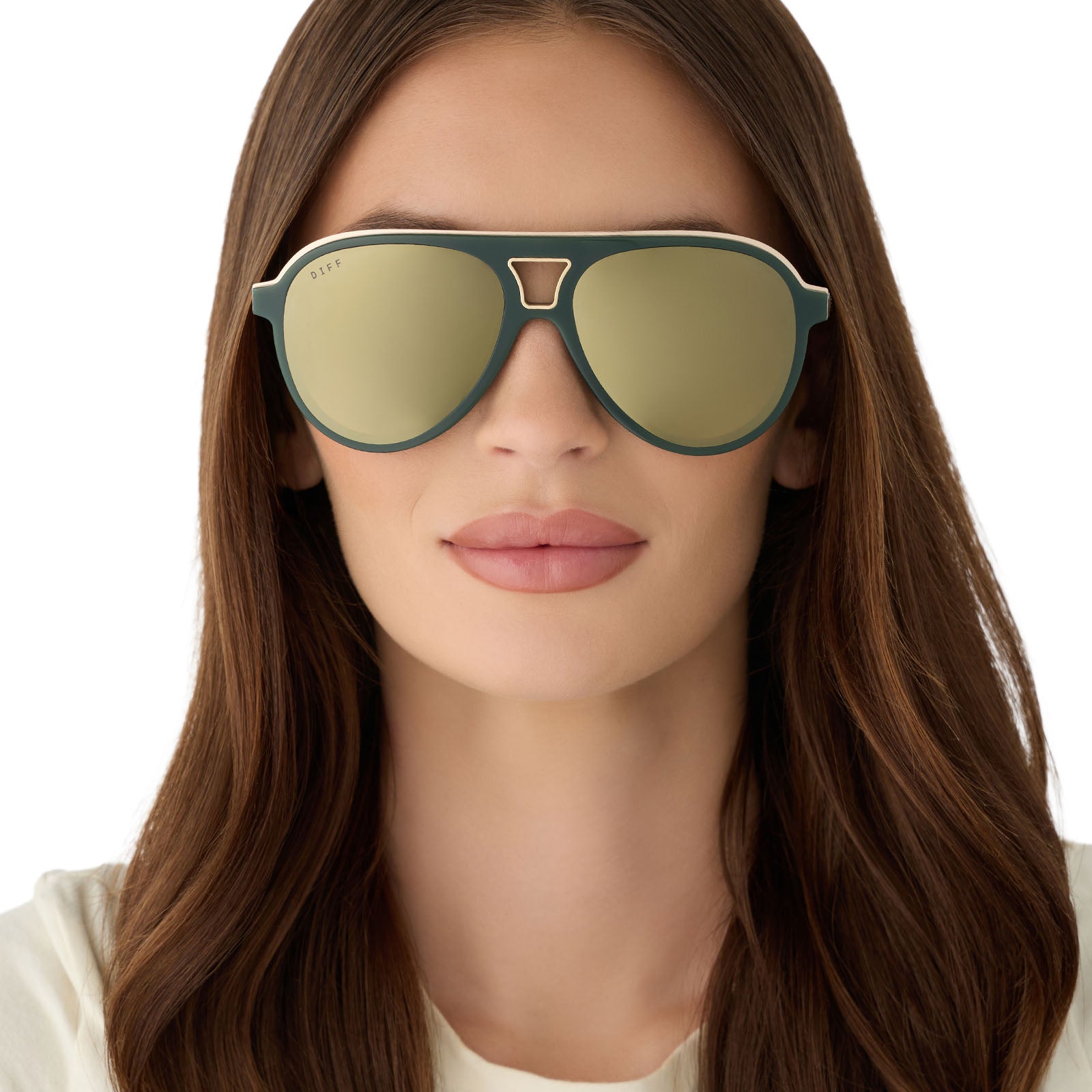 on model - female wearing diff eyewear featuring the tosca iii aviator sunglasses with a fairway green acetate with gold accentsframe  and aloe green gradient w/ light gold flash lenses front view