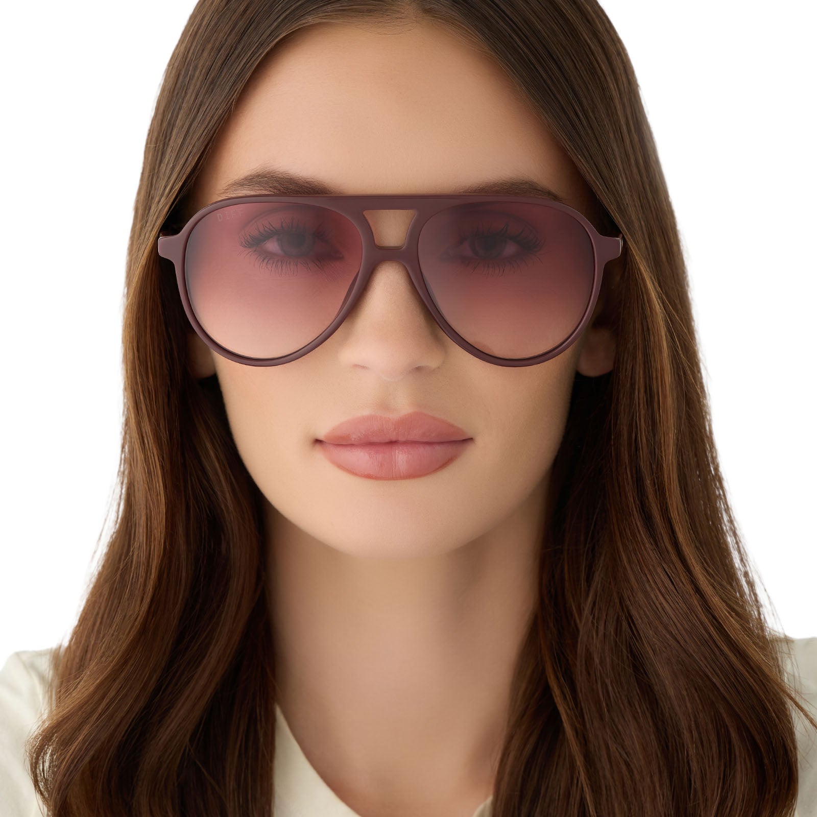 on model - female wearing diff eyewear tosca ii aviator sunglasses with a rugby red acetate frame and burgundy gradient polarized lenses front view