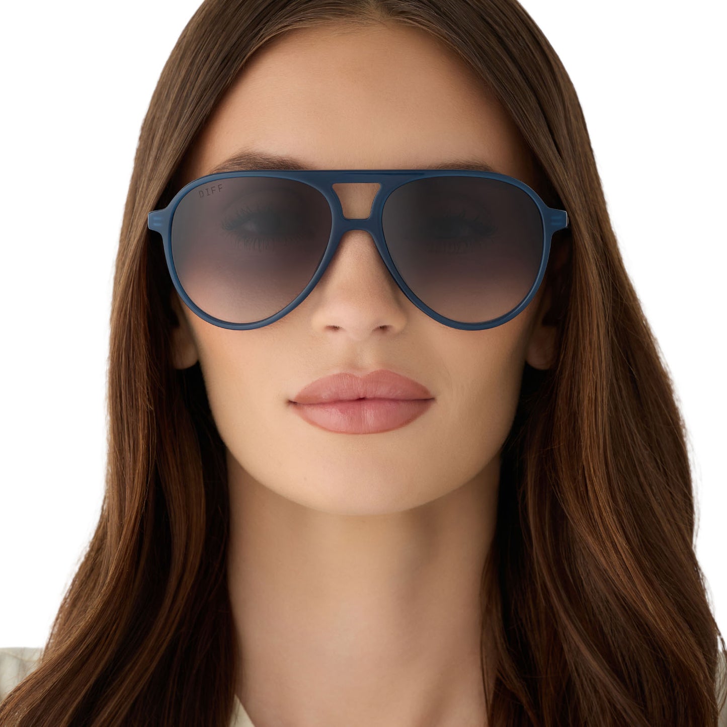 on model - female wearing diff eyewear featuring the tosca ii aviator sunglasses with a clubhouse blue frame and grey gradient lenses front view