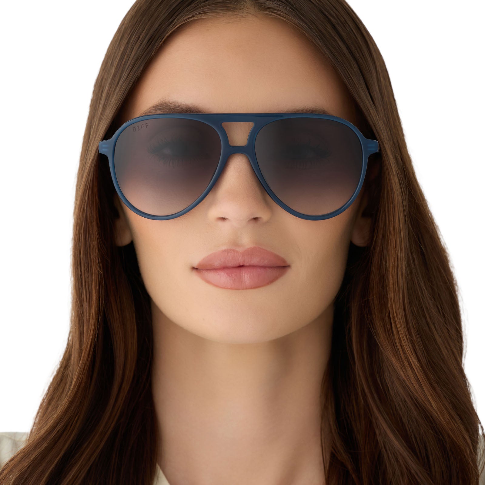 on model - female wearing diff eyewear featuring the tosca ii aviator sunglasses with a clubhouse blue frame and grey gradient lenses front view