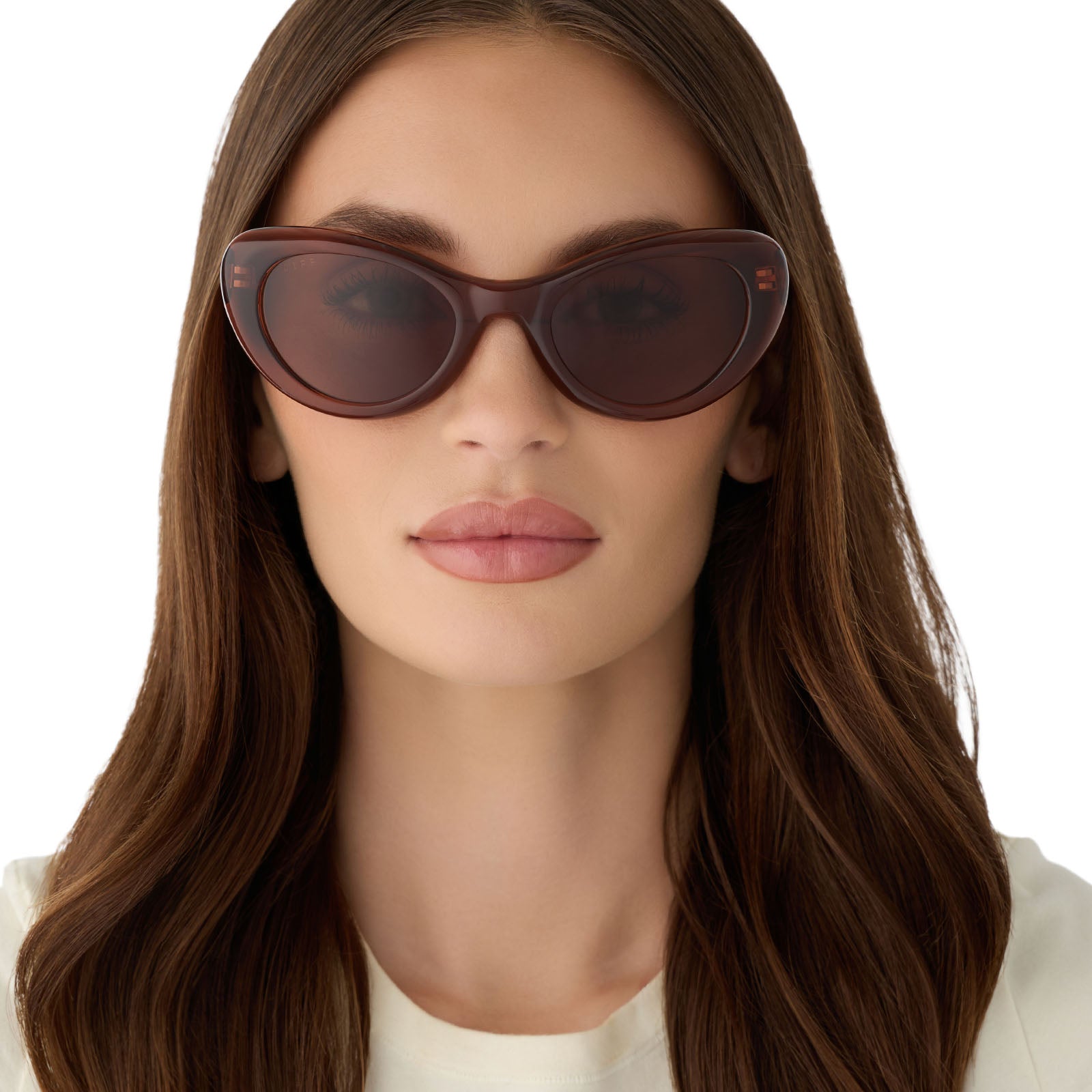 on model - female wearing diff eyewear featuring the zaria cateye sunglasses with a café ole acetate frame and brown lenses front view