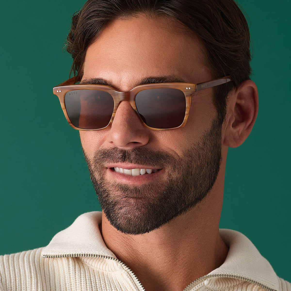 on model - male wearing diff eyewear featuring the billie square sunglasses with a longhorn brown frame and brown polarized lenses front view