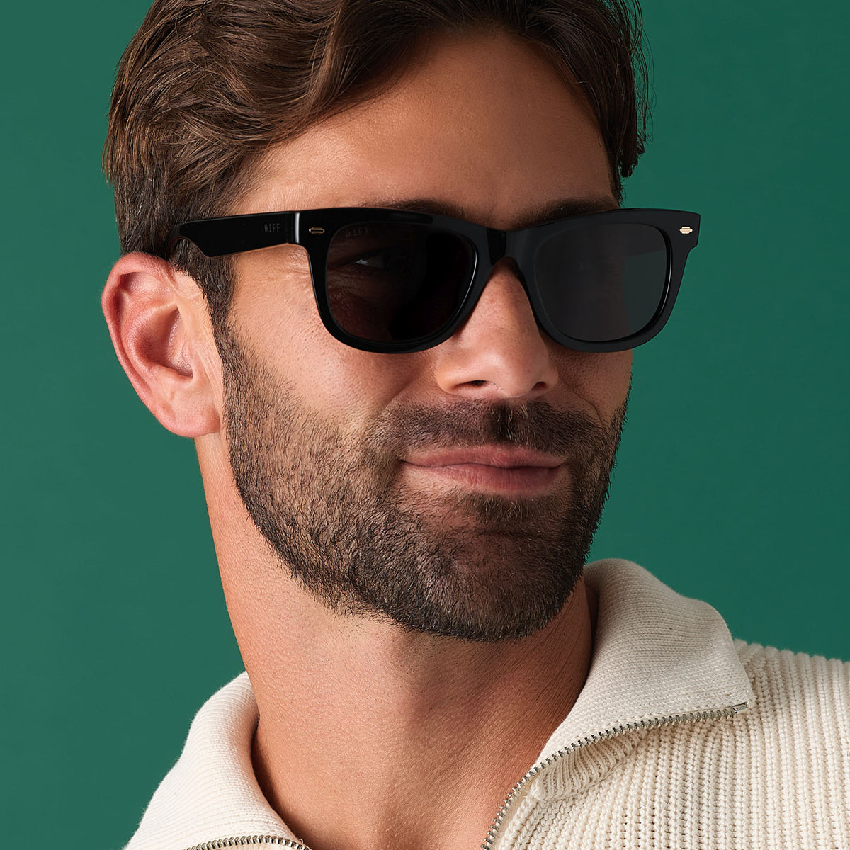 on model - male wearing diff eyewear mercer square sunglasses with a black acetate frame and grey polarized lenses front view