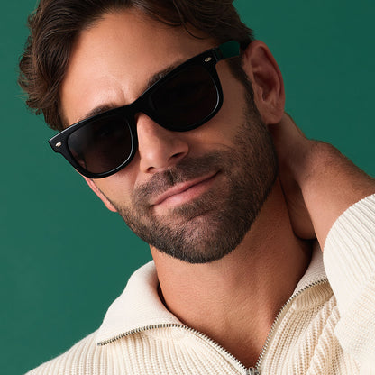 on model - male wearing diff eyewear mercer square sunglasses with a black acetate frame and grey polarized lenses front view