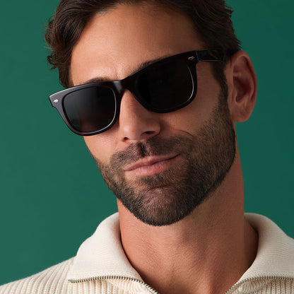on model - male wearing diff eyewear mercer square sunglasses with a redwood acetate frame and grey polarized lenses front view