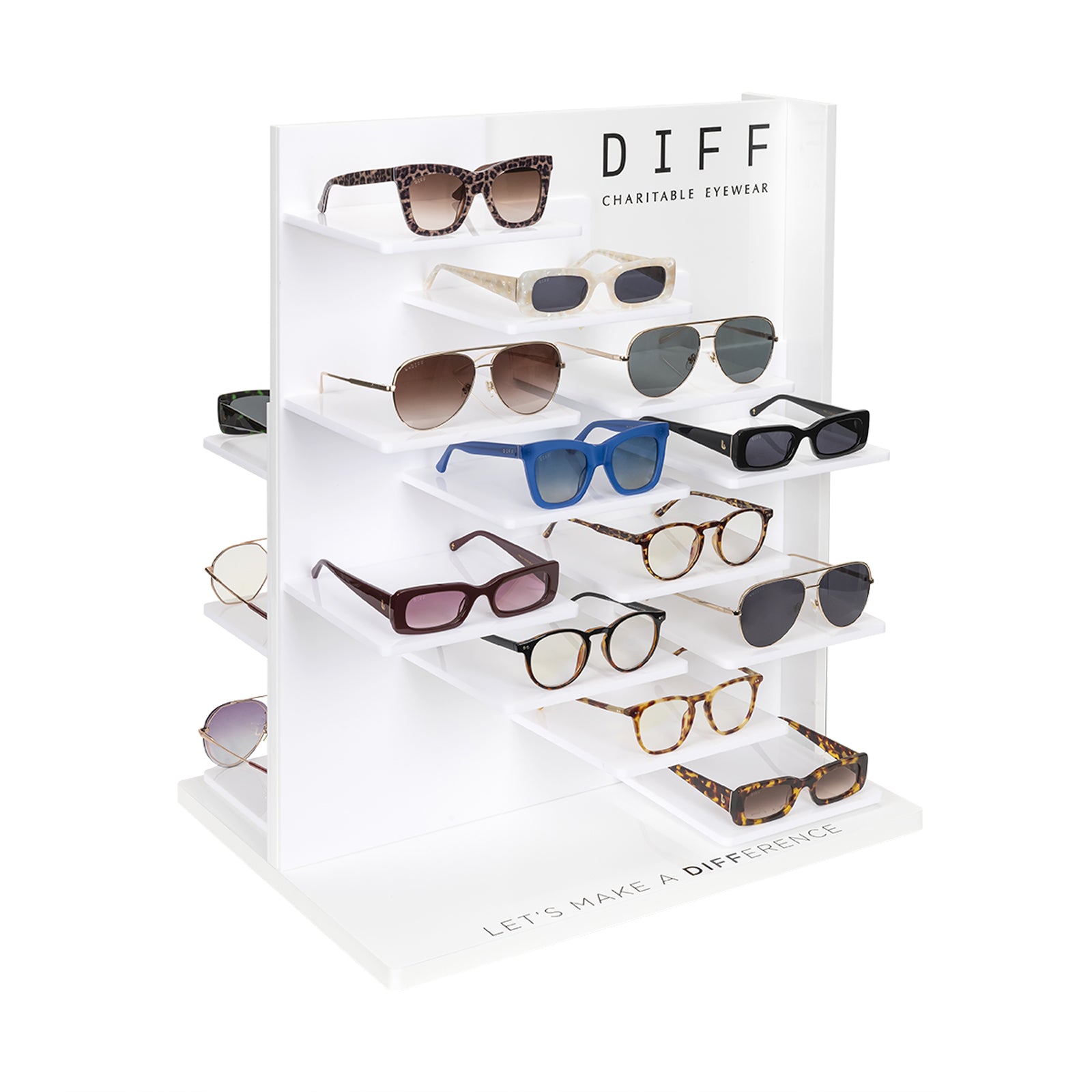 diff eyewear counter top display tower 24 merchandised view