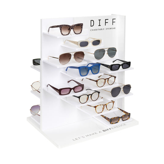 diff eyewear counter top display tower 24 merchandised view