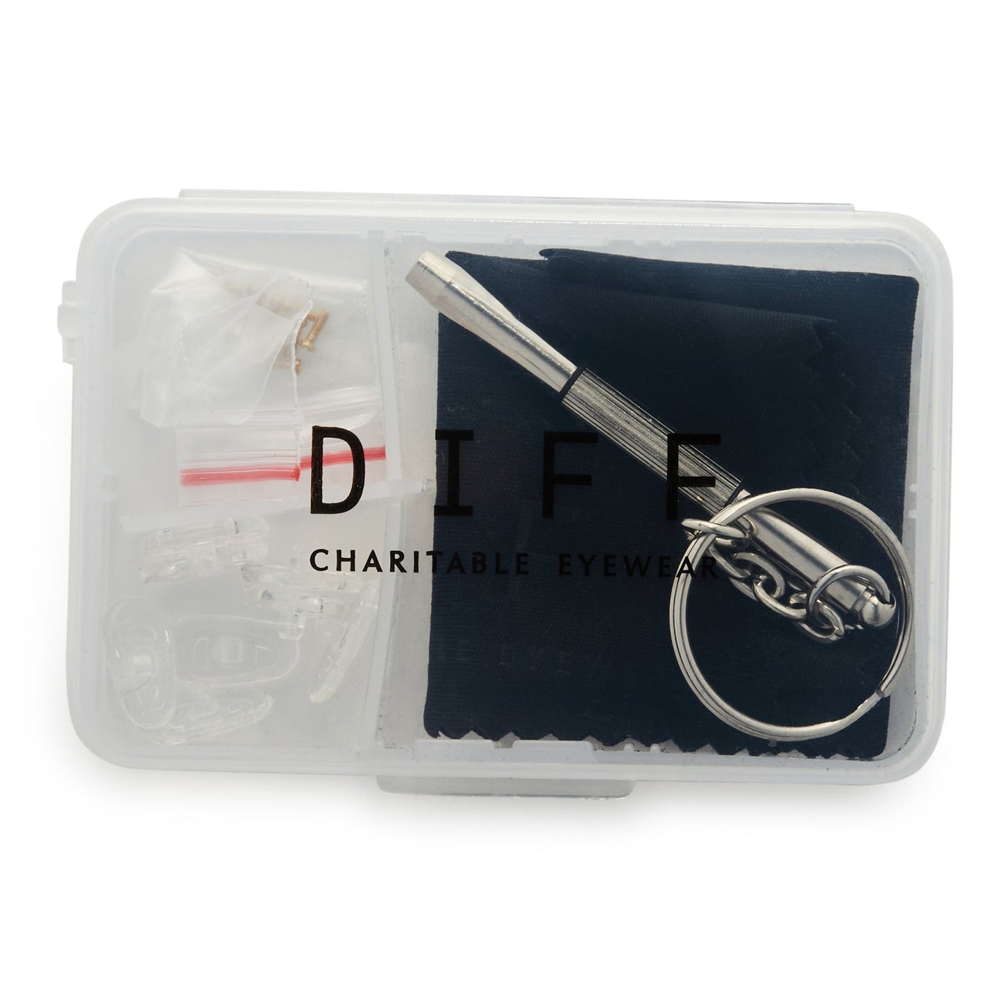 diff eyewear repair kit includes screw driver, replacement nose guards, screws and cleaning cloth in case