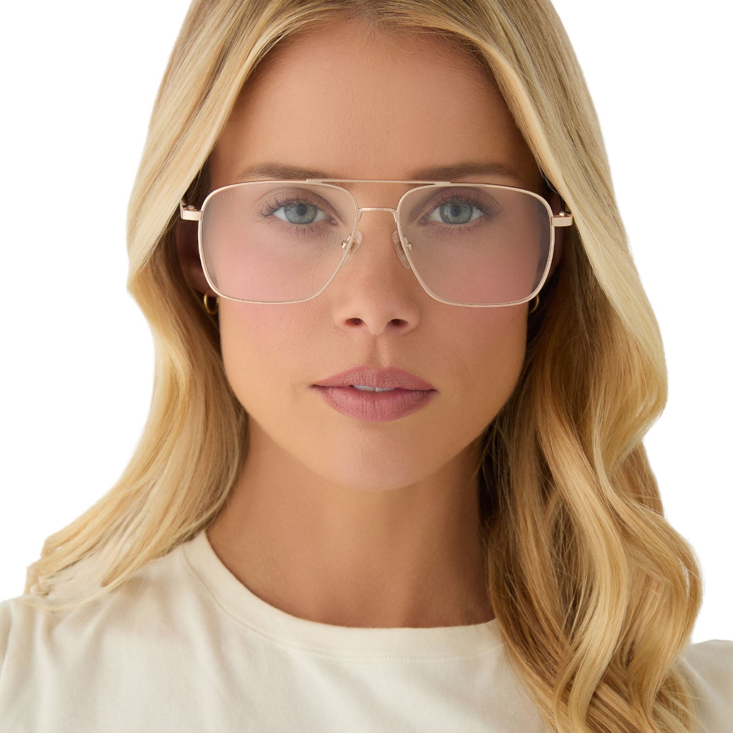on model - female wearing yellowstone x diff eyewear featuring the rip wheeler navigator prescription glasses with a gold frame front view