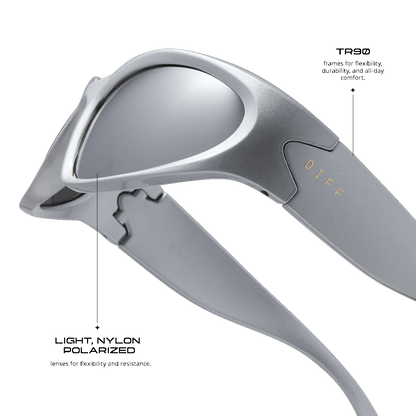 detailed information for diff sport side out wrap sunglasses with a silver frame and silver mirror polarized lenses