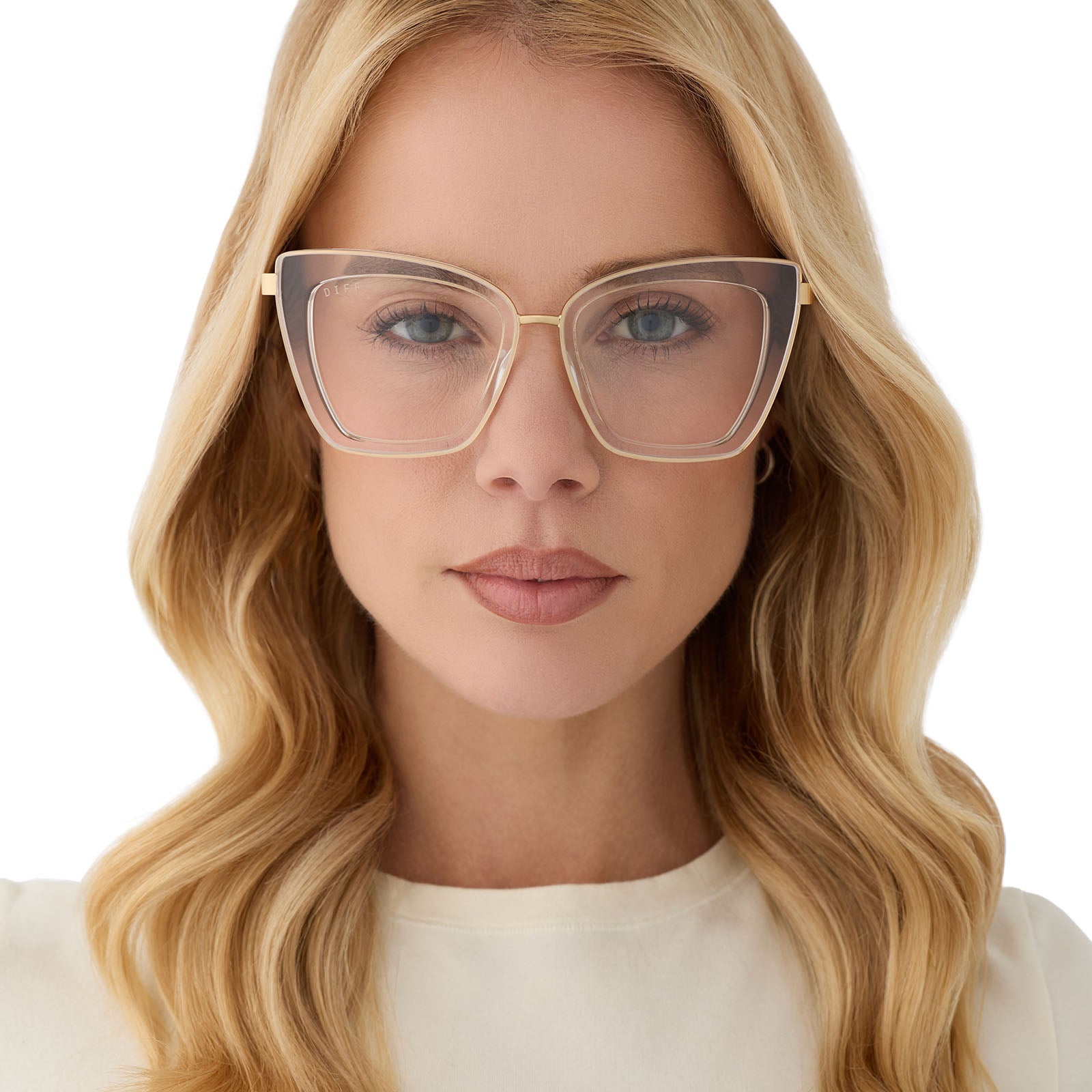 on model - female wearing diff eyewear featuring the becky iv cat eye prescription glasses with a clear crystal with gold frame front view