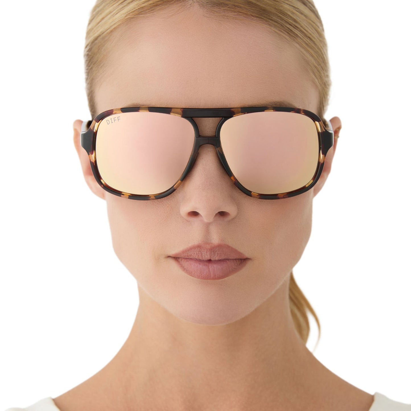 on model - female wearing diff sport featuring the hangtime aviator sunglasses with a sport tortoise frame and champagne mirror polarized lenses front view