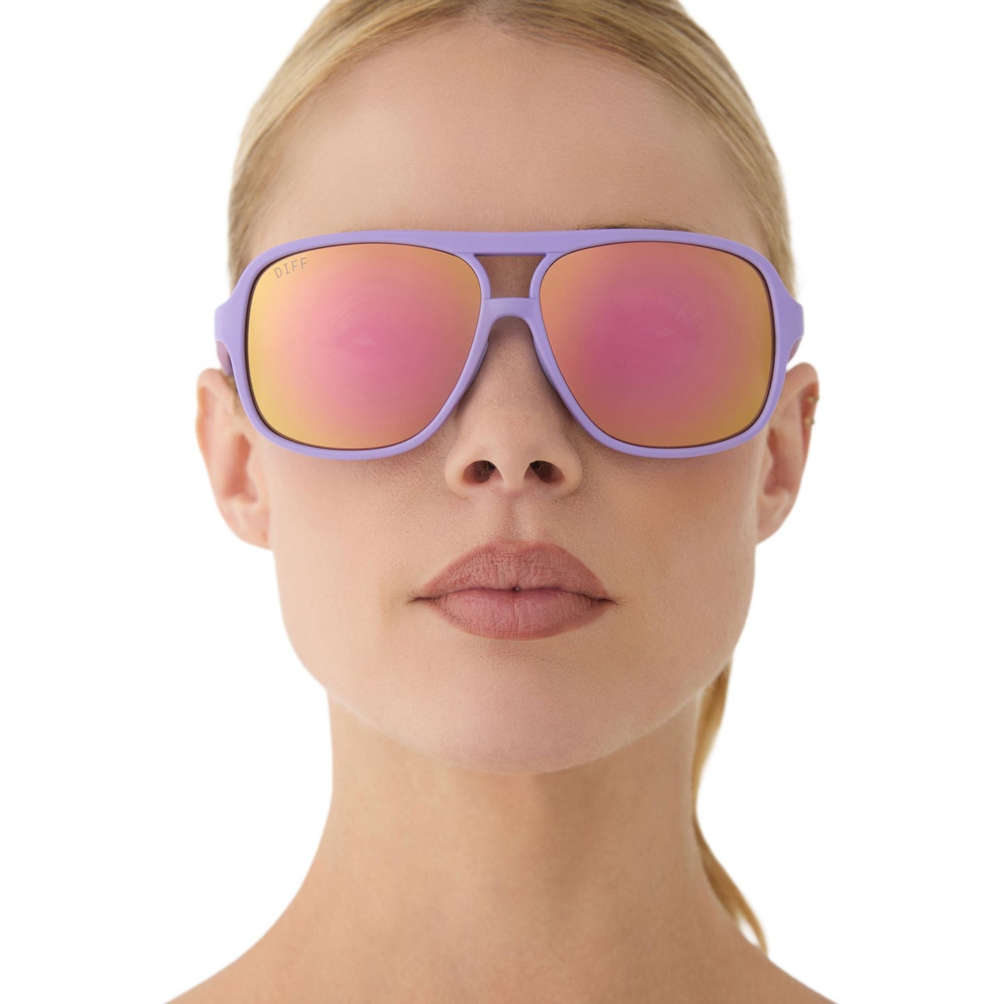 on model - female wearing diff sport featuring the hangtime aviator sunglasses with a matte lavender frame and sherbet mirror polarized lenses front view