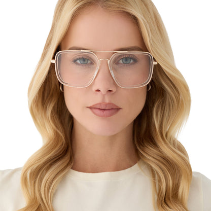 on model - female wearing diff eyewear featuring the jordan navigator prescription glasses with a gold frame, clear crystal temple tips front view
