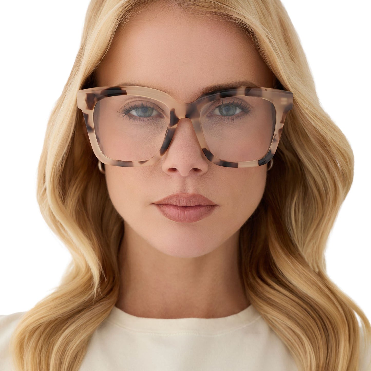 on model - blonde female wearing diff eyewear featuring the meredith square glasses with a cream tortoise frame front view