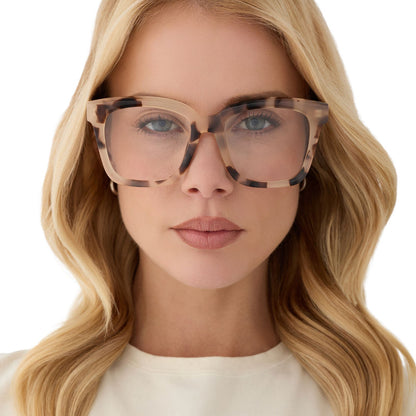 on model - blonde female wearing diff eyewear featuring the meredith square glasses with a cream tortoise frame front view