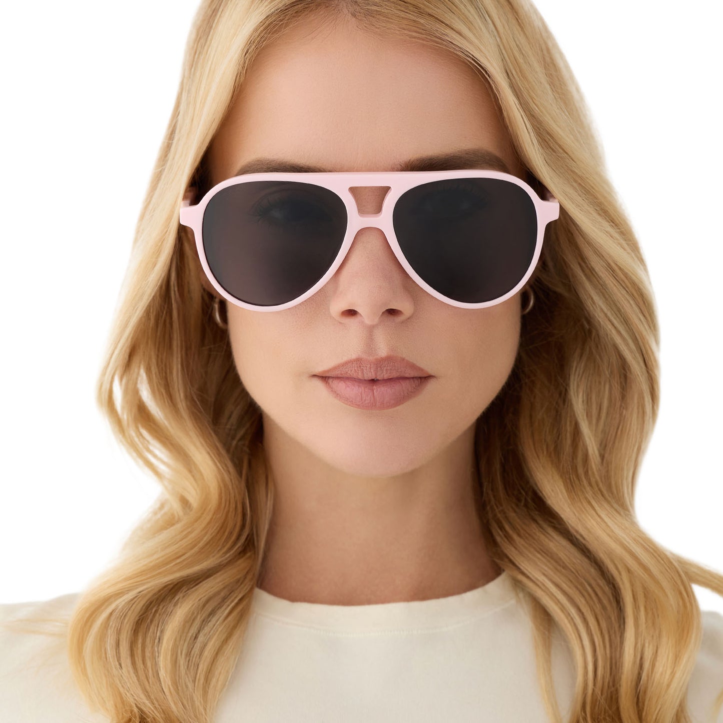 on model - female wearing diff eyewear featuring the tosca ii aviator sunglasses with a powder pink frame and grey lenses front view
