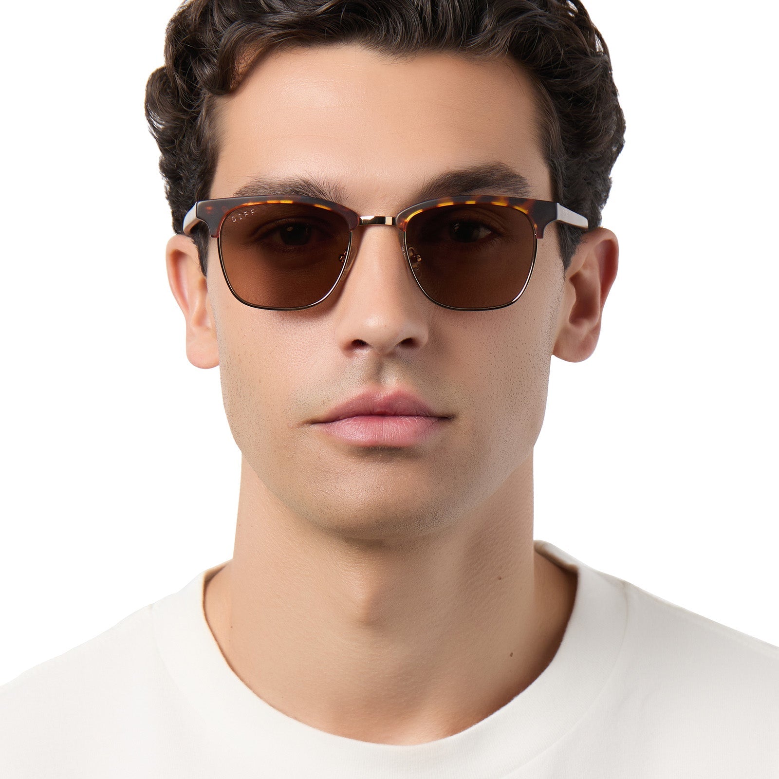 on model - male wearing diff eyewear biarritz square sunglasses with a rich tortoise/gold frame and brown polarized lenses front view