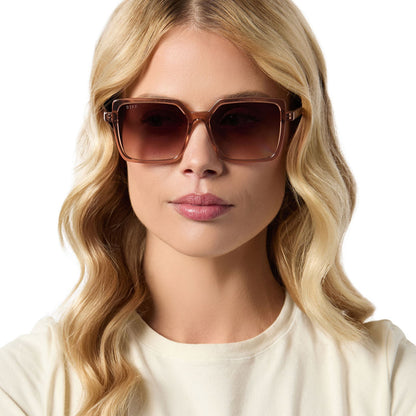 on model - female wearing diff eyewear esme oversized square sunglasses with a cafe ole brown acetate frame and brown gradient polarized lenses front view