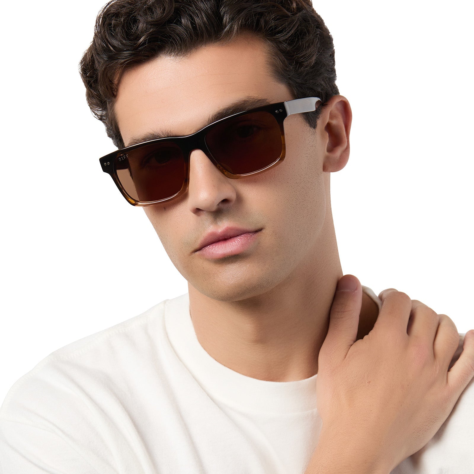 on model - male wearing diff eyewear gino xl square sunglasses with a mocha brown gradient acetate frame and brown polarized lenses front view