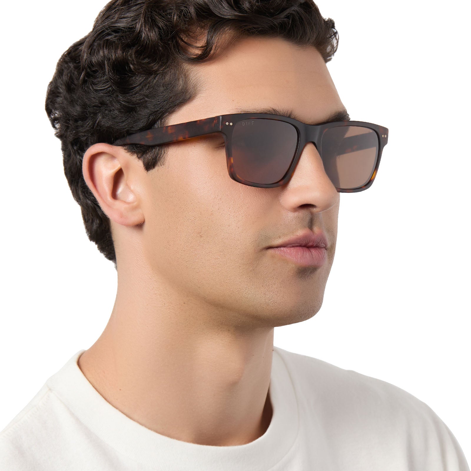 on model - male wearing diff eyewear gino xl square sunglasses with a rich tortoise acetate frame and brown polarized lenses angled view