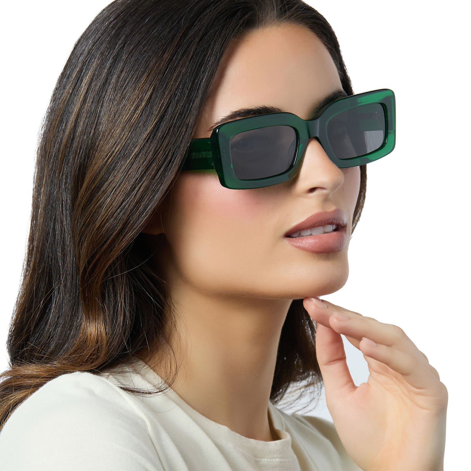 on model - female wearing diff eyewear indy square sunglasses with a palm green crystal frame and grey polarized lenses angled view