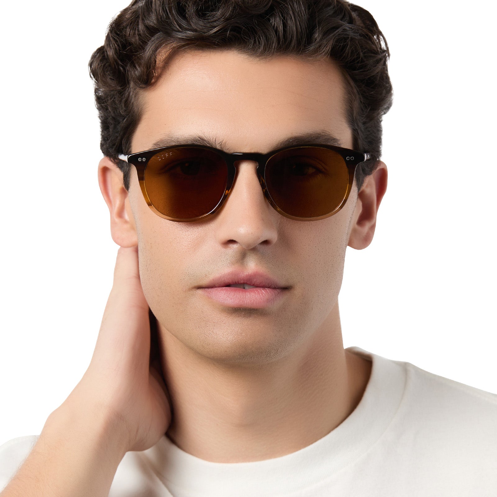 on model - male wearing diff eyewear jaxson xl square sunglasses with a mocha brown acetate frame and brown polarized lenses front view