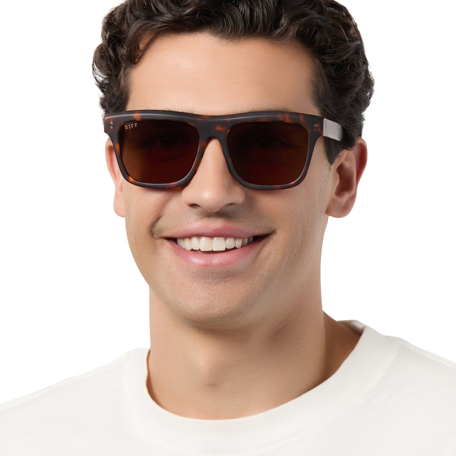 on model - male wearing diff eyewear sammy square sunglasses with a rich tortoise matte acetate frame and brown polarized lenses front view