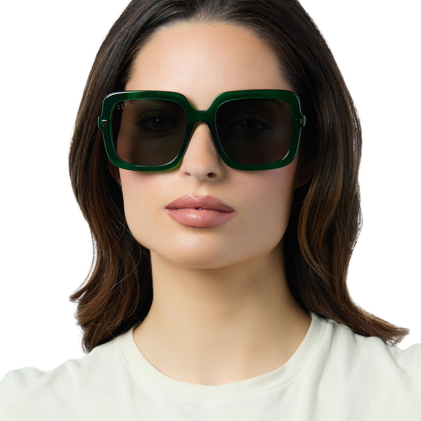 on model - female wearing diff eyewear sandra square oversized sunglasses with a palm green crystal acetate frame and grey lenses front view