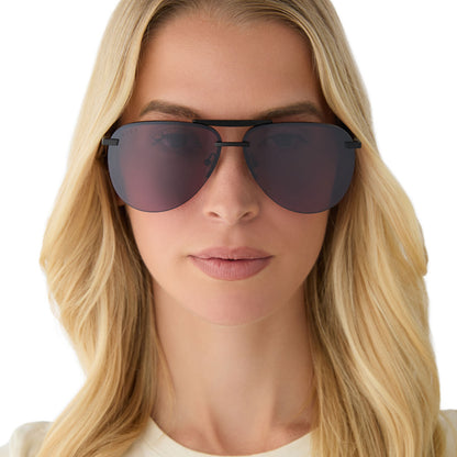 on model - female wearing diff eyewear featuring the tahoe aviator sunglasses with a matte black + black temple tips frame and aubergine with silver flash lenses front view