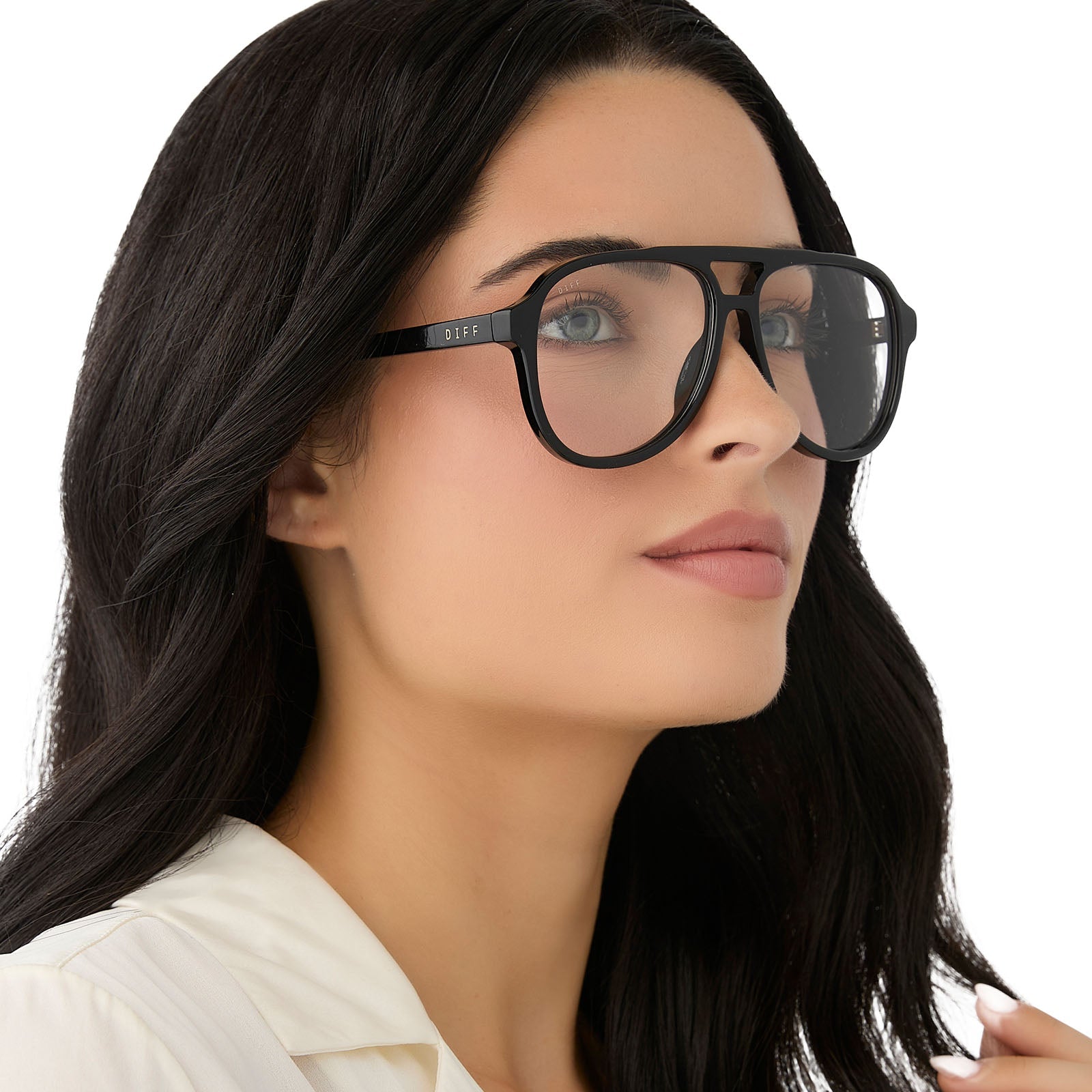 on model - female wearing diff eyewear featuring the tatum aviator blue light readers with a black frame side view