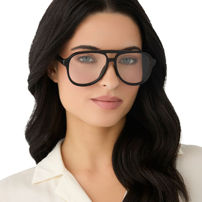 on model - female wearing diff eyewear featuring the tatum aviator blue light readers with a black frame front view