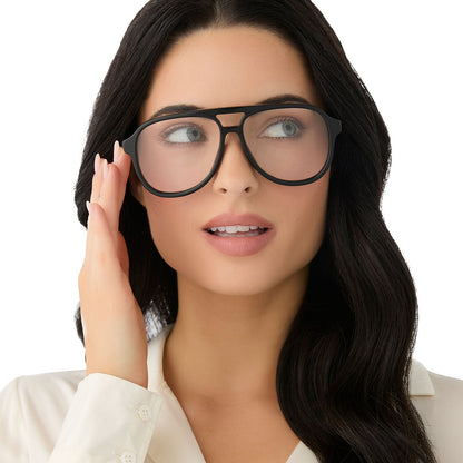 on model - female wearing diff eyewear featuring the tatum aviator blue light readers with a black frame front view